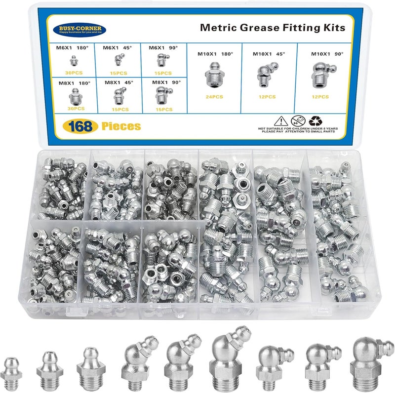 BUSY-CORNER 168 PCS Metric Hydraulic Grease Fittings Assortment, Grease Nipple Kit Standard With M6,M8,M10 Straight, 90 Degree, 45 Degree Angled - Image 1